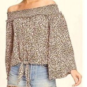 FP Movement by Free People Light Pink Leopard Off-Shoulder Tie-Hem Blouse